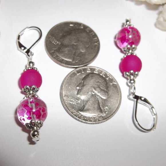 Magenta and Silver Earrings, Drop Earrings, Pink Earrings, Beaded Earrings, A102 - Picture 3 of 8